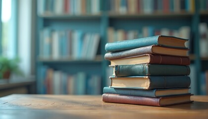 Stack of vintage books rests on wooden table in library. Old volumes with worn covers suggest knowledge, learning. Blurred background shelves filled with books create atmosphere of study, education.