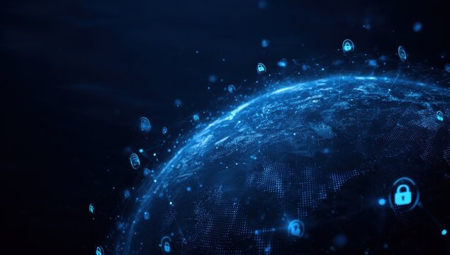 Global network security.  Earth globe, rendered in glowing, blue, digital lines, with numerous security lock icons floating around it.  Dark backdrop