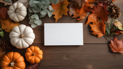 Autumnal Harvest: Capturing the essence of autumn with an artful arrangement of pumpkins, vibrant leaves, and a blank card against a rustic wood surface, inviting warmth and seasonal festivities. 