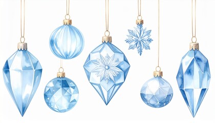 Arrangement of Light Blue and White Christmas Ornaments on White Background