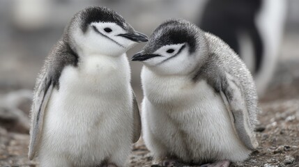 Two fluffy young penguins are close together, facing each other on a rocky shore. Their feathers are soft and gray, highlighting the cold, wintry environment surrounding them.