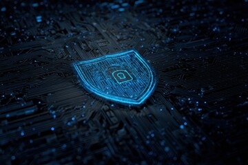 Digital shield graphic on complex circuit board.  Glowing blue shield with padlock icon superimposed on dark, detailed circuit board.  Electronic, high-tech, intricate network