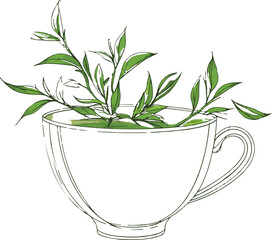 Elegant line art of green tea leaves inside a tea cup, black and white vector illustration, minimal packaging design 1