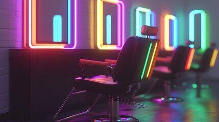 Neon-lit barber chairs in a modern salon with vibrant, colorful