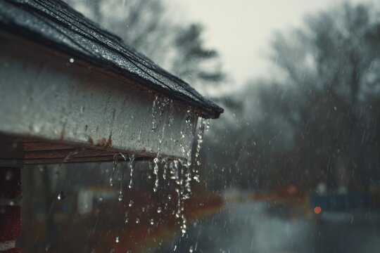 Rain drips from a gray metal gutter onto a dark roof