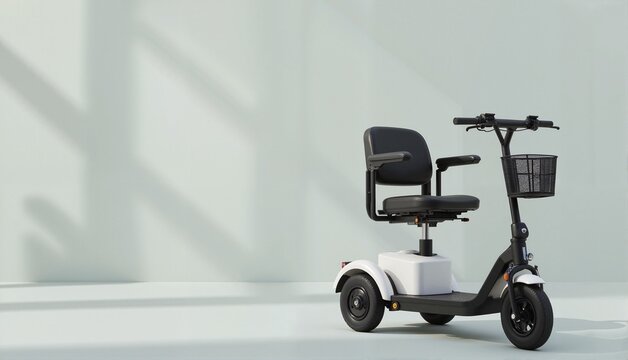 Modern electric scooter with ergonomic design and comfortable seating against minimalistic light background, showcasing urban eco-transport concept of mobility solutions