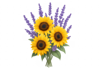 Sunflowers and lavender bouquet on transparent background