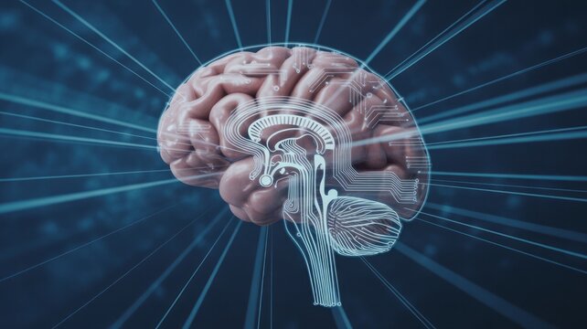 Human brain with glowing circuit board design, representing AI, technology, and innovation