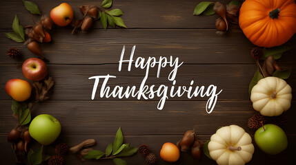Harvest Blessings: A rustic Thanksgiving scene, featuring a charming assortment of seasonal delights artfully arranged on a weathered wooden table, evoking warmth and gratitude.