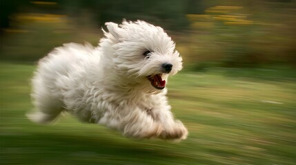 Small fluffy dog playfully sprinting mouth
