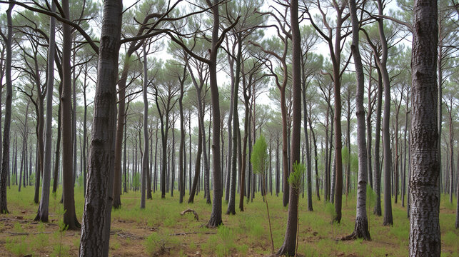 Dendrology, oakery. Light forest of Mongolian oak, Quercus mongolica, with abundance of young trees, which indicates renewability of stand and overall health of forest. Sikhote-alin Mountains