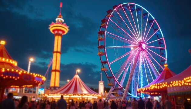 Vibrant amusement park at night features glowing Ferris wheel and tower against dark sky. Colorful tents and illuminated rides create festive atmosphere with crowds of people enjoying carnival.