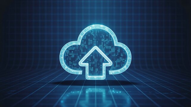 Digital cloud upload icon glowing with data transfer on futuristic blue grid background - Powered by Adobe