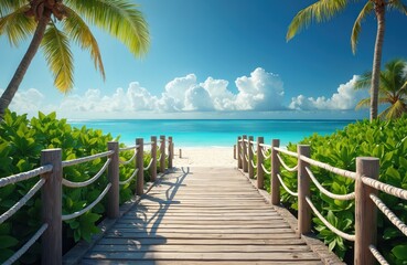 Obraz premium Wooden pathway leads to tranquil turquoise ocean on tropical beach paradise. Lush green foliage flanks the path under a clear blue sky with white clouds. Ideal for vacation, travel, relaxation themes.
