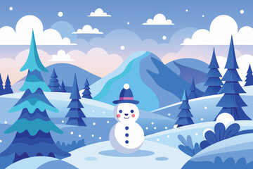 Snowman winter landscape with trees and mountains vector