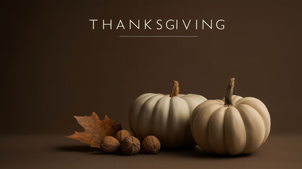 Thanksgiving Day: A serene Thanksgiving still life arrangement featuring pumpkins, nuts, and a fallen leaf against a rich brown backdrop, embodying the warmth and spirit of gratitude and harvest.
