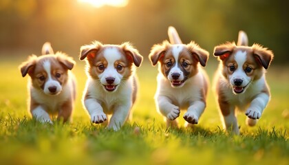 Four adorable puppies romp across a sunny meadow, their joyful energy filling the golden hour light. This candid snapshot captures pure puppy happiness and playful exploration in nature.