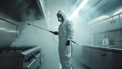 Worker in protective hazmat suit, respirator disinfects restaurant kitchen. Pro sanitizing equipment sprays mist onto stove, surfaces. Emphasis on hygiene, safety, cleanliness, health procedures.
