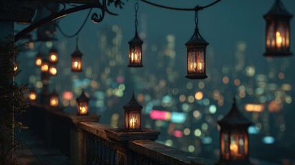 Serene Nightscape with Lanterns in a Mystical Urban Setting, Illuminating the City Skyline with a Glowing Ambiance and Dreamy Atmosphere