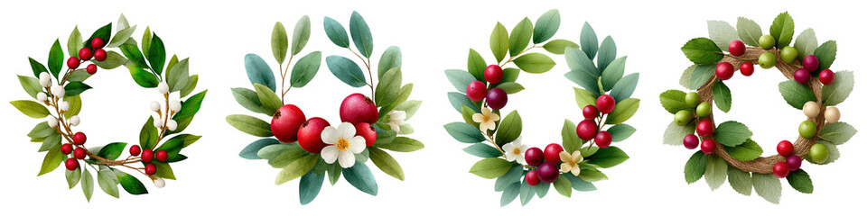 Obraz premium Farmhouse Christmas decor set watercolor, A series of decorative wreaths featuring various leaves and fruits, showcasing vibrant colors and intricate designs.