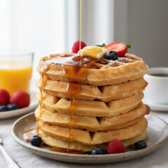 A tall stack of crispy waffles drizzled with maple syrup and topped with fresh strawberries and blueberries
