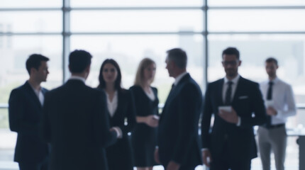 Fototapeta premium Blurred image of a group of people in business attire talking in a modern office with large windows and city view