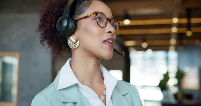 Headset, tablet and businesswoman in office with communication for company occasion with vendor. Digital technology, mic and female event coordinator planning with contact for schedule in workplace.