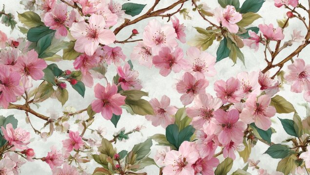 Delicate, pastel pink cherry blossoms, profuse, on light gray background