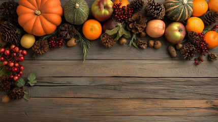 Autumnal Harvest: A vibrant assortment of autumn fruits, vegetables, and seasonal elements arranged artfully on rustic wooden planks. Invoking warmth and the bounty of the harvest season.
