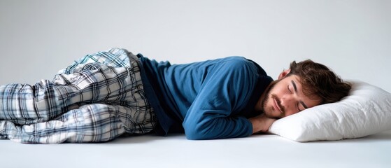 The man sleeping peacefully on a pillow in plaid pajamas on a white bed