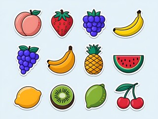 Set of stickers featuring various fruits such as bananas, watermelons