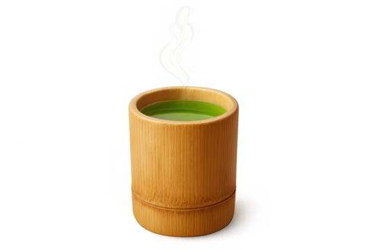Steaming green matcha tea in bamboo cup on transparent background - Powered by Adobe