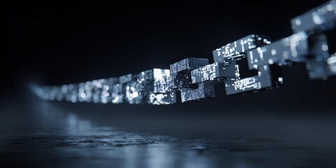 A long chain of linked cubes, futuristic and sleek, extends through a dark space.  The cubes are a dark, metallic gray.  A reflective surface is below the chain