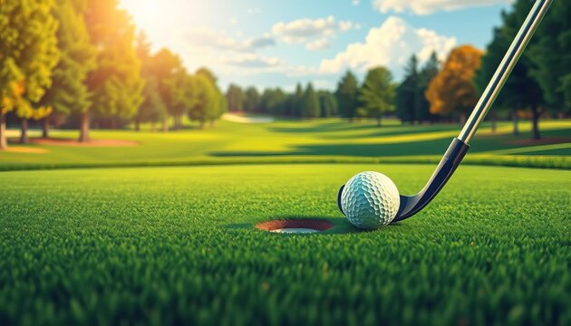 Modern vector illustration of golf club striking ball towards hole on course,  leisure,  championship - Powered by Adobe