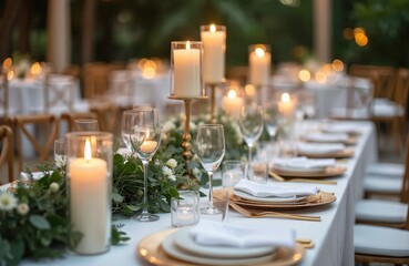 Set wedding reception table features candlelight, rich plants, elegant white tableware. Sophisticated outdoor banquet setting includes gold accents, wine glasses, floral centerpieces creating