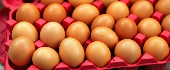 Red plastic egg carton filled with fresh brown eggs, Canada, product photography, country