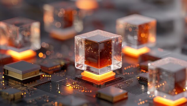 Abstract digital circuit with glowing cubes - Powered by Adobe