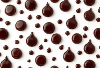 Seamless pattern of dark chocolate drops falling horizontally against a white background,  dark chocolate,  melt