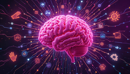 Fototapeta premium A pink brain surrounded by neon icons and lines representing artificial intelligence concept art