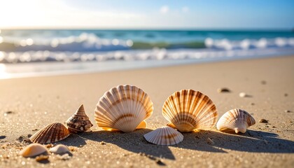 A close-up showcases various seashells of differing shapes and sizes scattered on a sandy beach, bathed in warm sunlight.