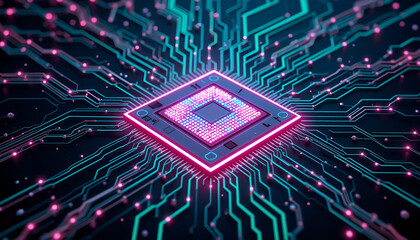 A glowing computer chip with intricate circuit patterns in blue and pink on a dark background