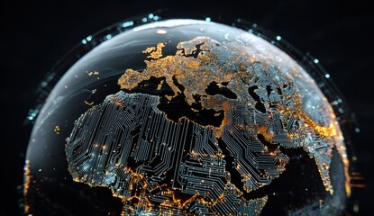 Global network, glowing circuit board Earth