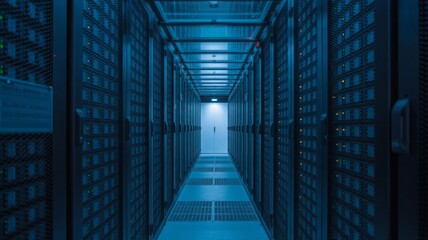 Modern data center with server racks and network equipment for secure digital storage