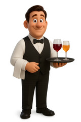 Waiter Character &ndash; 3D Cartoon Style Hospitality Illustration with Tray and Uniform for Food Service Themes
