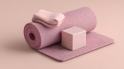 Set of yoga mat block and towel laid on a soft