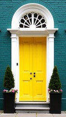 Fototapeta premium Generative AI: Vibrant Portal Aesthetic. The radiant yellow doors framed by a white archway invite