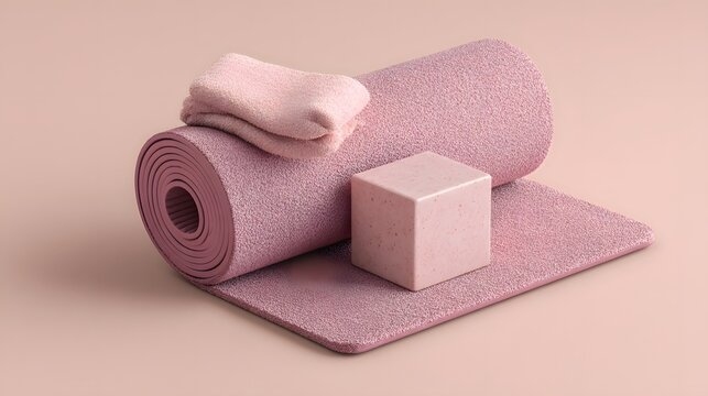 Set of yoga mat block and towel laid on a soft