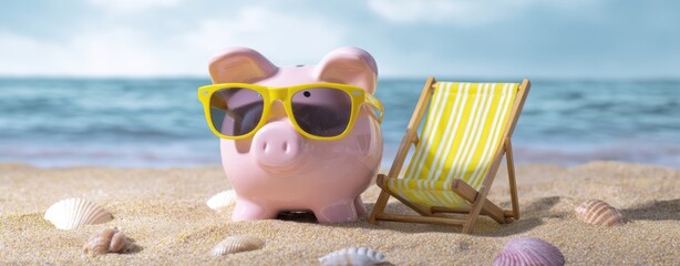 The piggy bank in sunglasses relaxing on a sandy beach beside a striped deck chair