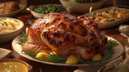 A Delicious Thanksgiving Feast: A festive, mouthwatering Thanksgiving spread. The focus is on a beautifully roasted turkey, surrounded by a bounty of side dishes.