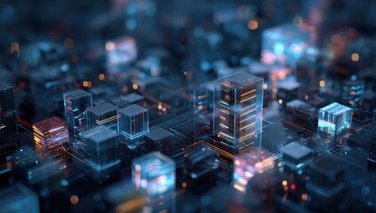 Abstract cityscape of glowing cubes